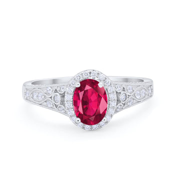 Vintage Style Oval Wedding Ring Simulated Ruby CZ 925 Sterling Silver